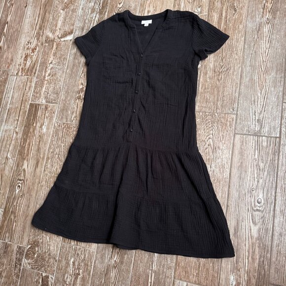 J Jill Dress Womens XS Black Cotton Tiered Drop‎ Waist Button Oversized Shirt - Picture 3 of 7
